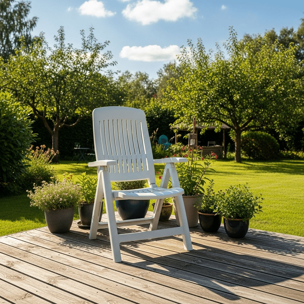 Gartenstuhl weiß auf einer Holzterrasse
