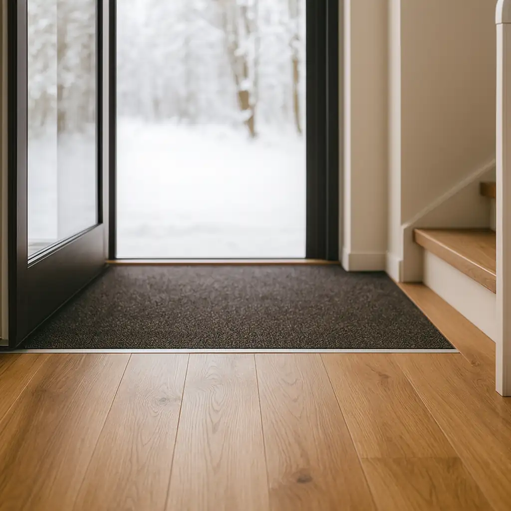 Eingangsbereich mit Teakholz-Massivholzparkett und angepasster Aufbauhöhe für Türanschluss