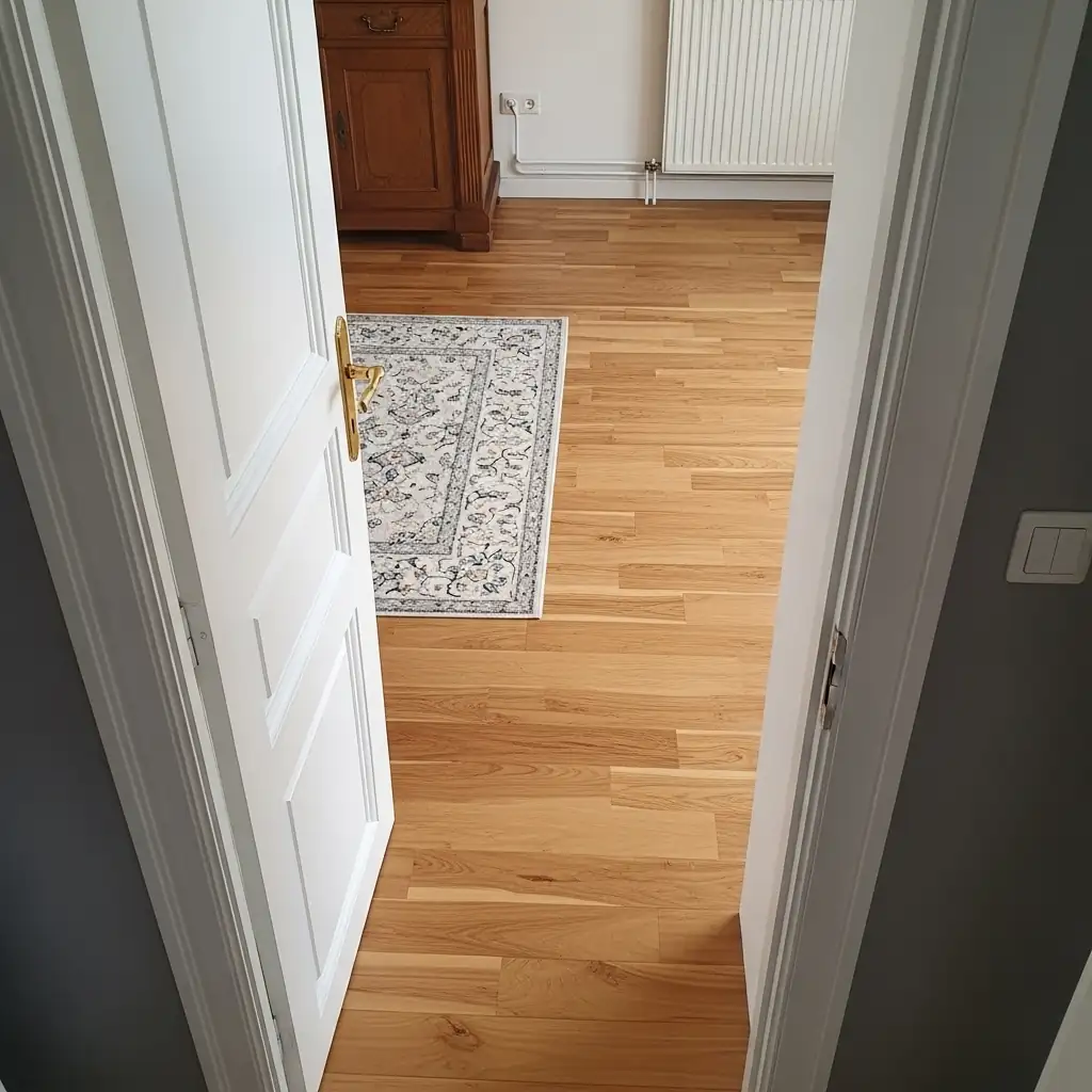 Wohnraum mit Teakholz-Massivholzparkett und angepasster Aufbauhöhe im Türbereich