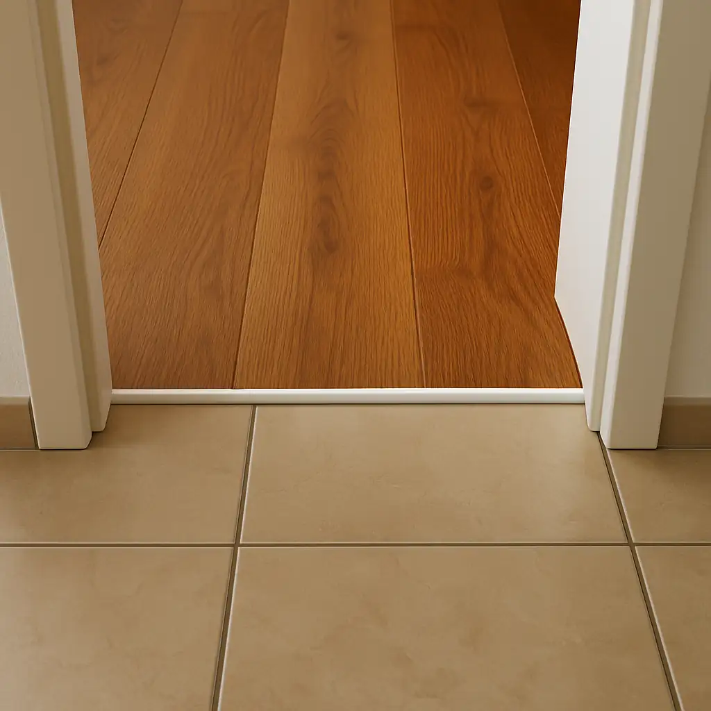 Übergang zwischen Fliesenboden und Teakholz-Massivholzparkett mit abgestimmter Aufbauhöhe