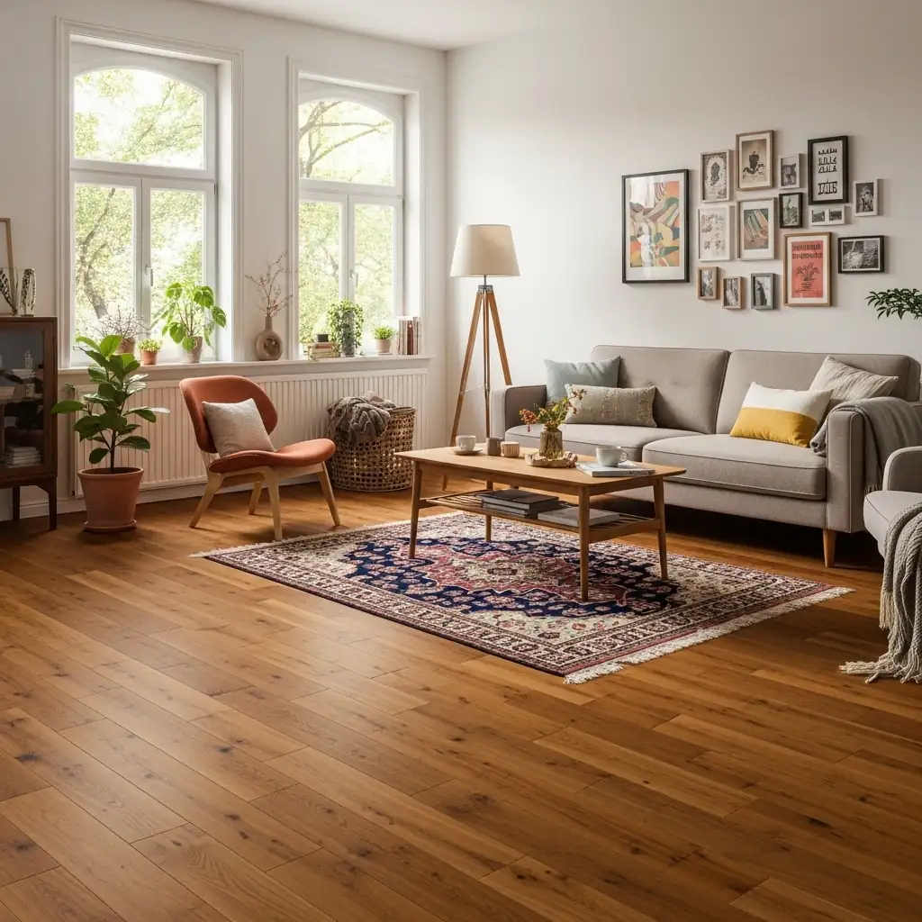 Wohnzimmer mit nachhaltigem Massivholzparkett aus Teakholz und moderner Einrichtung