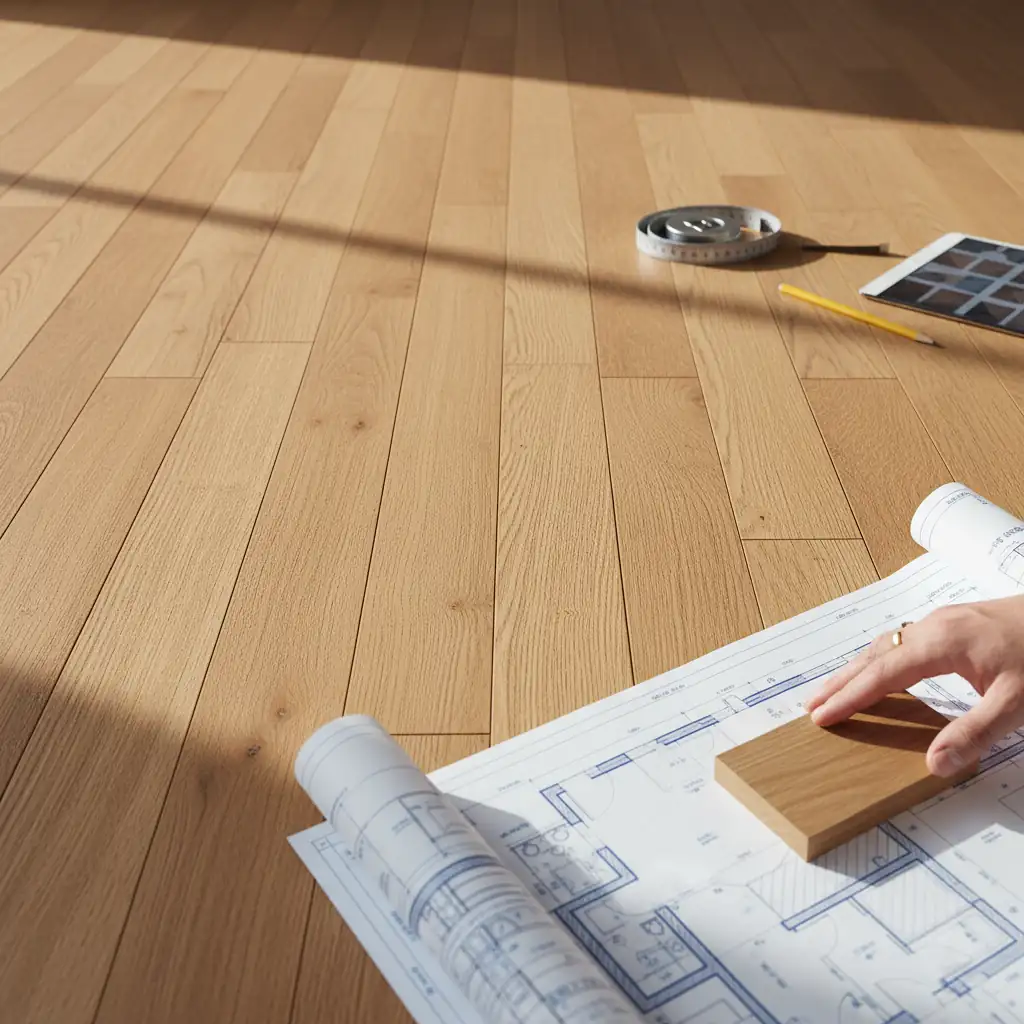 Planung von nachhaltigem Massivholzparkett aus Teakholz mit Bauplan und Musterstück