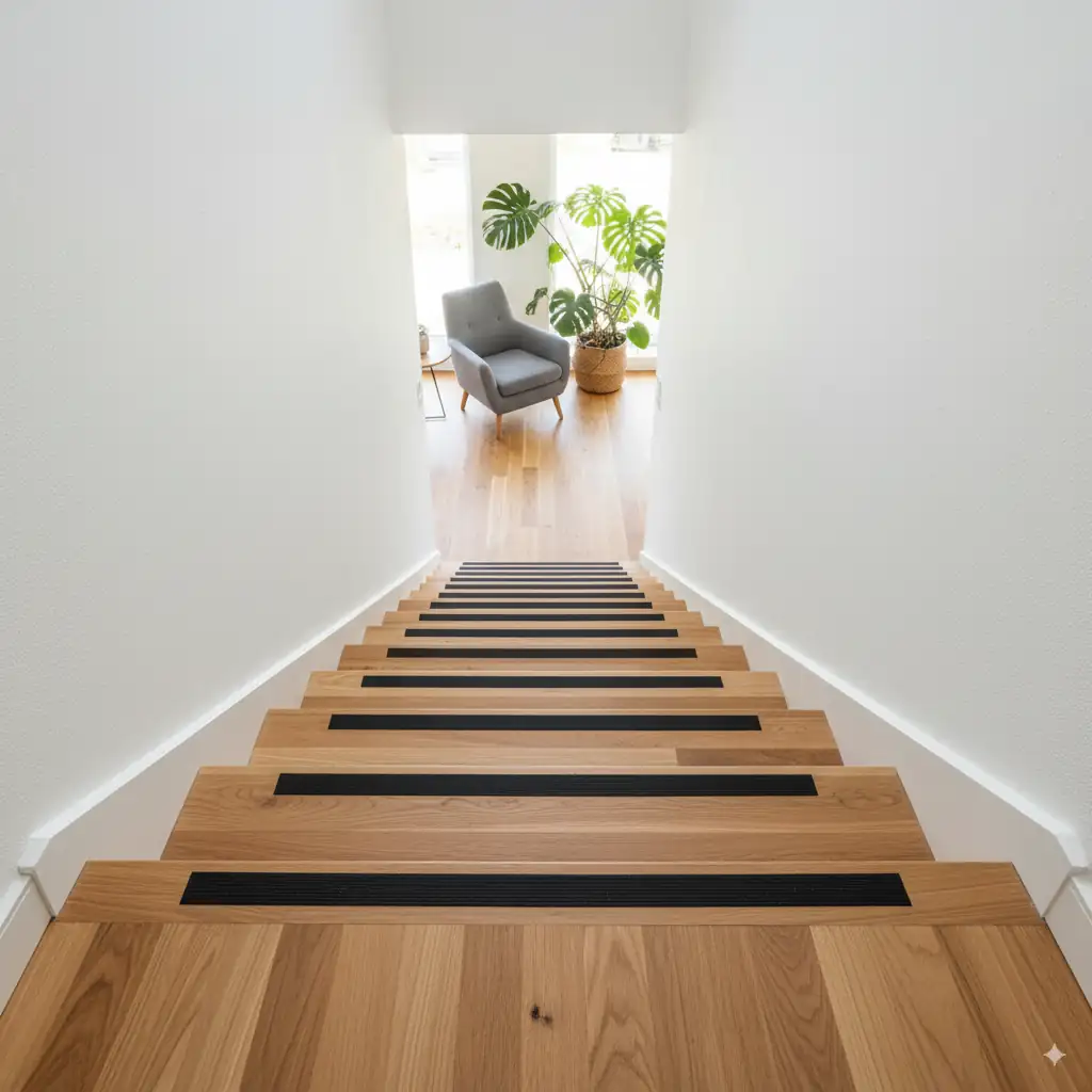 Treppenstufen aus Massivholzparkett aus nachhaltigem Teakholz in modernem Haus