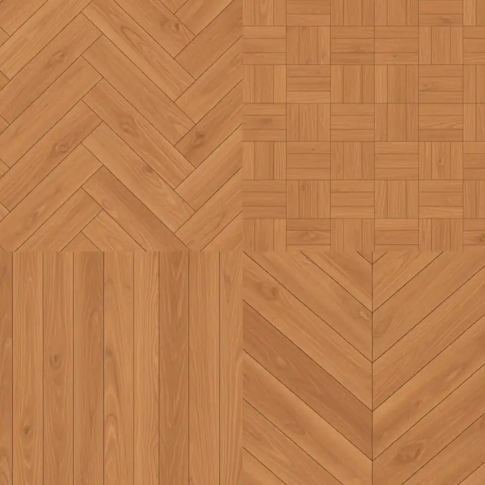 Verschiedene Verlegemuster aus nachhaltigem Teakholz-Massivholzparkett, darunter Fischgrät und Würfelmuster