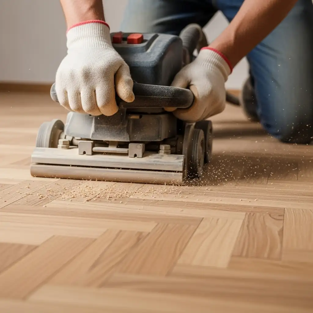 Handwerker schleift Parkettboden mit Schleifmaschine ab, um Oberfläche zu erneuern