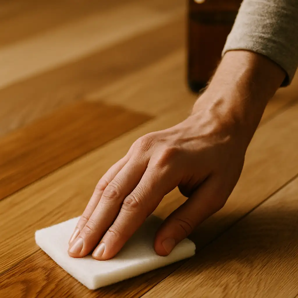 Hand trägt Öl mit Tuch auf Parkettboden auf, um die Holzoberfläche zu pflegen
