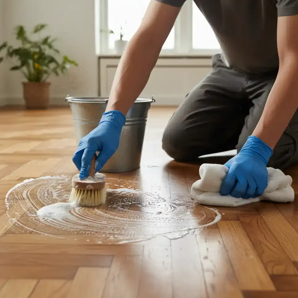 Person reinigt Parkettboden mit Bürste und Seifenwasser