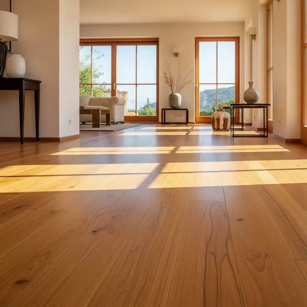 Gepflegter Parkettboden in hellem Wohnzimmer mit Sonnenlicht und Dekoration