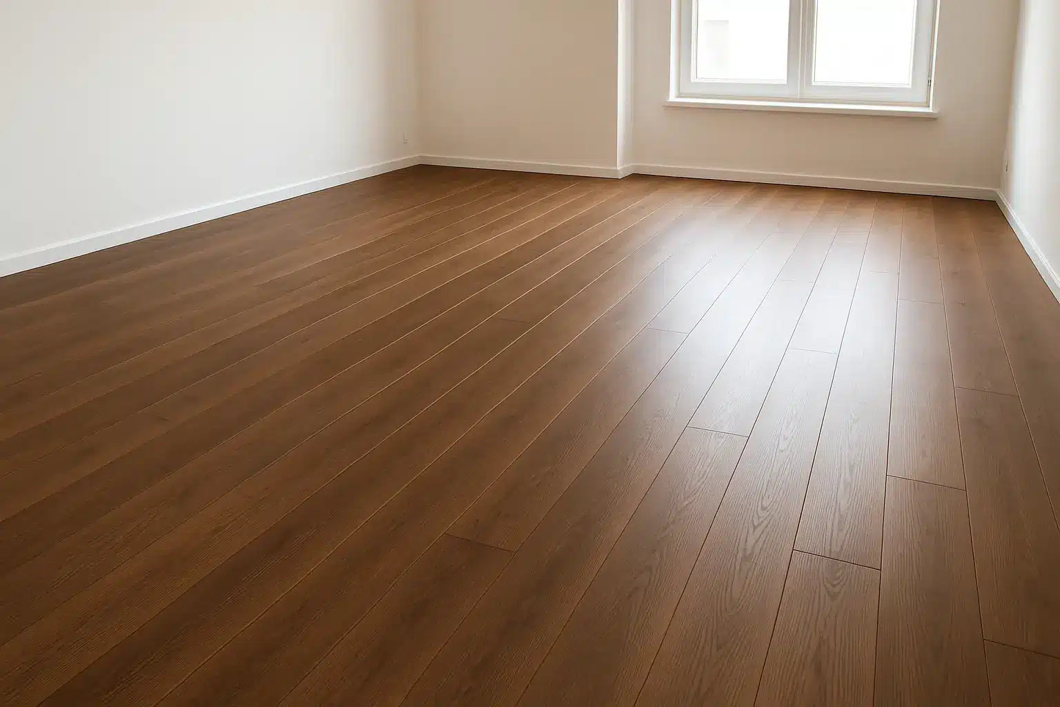 Leerstehender Raum mit frisch verlegtem Teak-Massivholzparkett in warmem Braunton