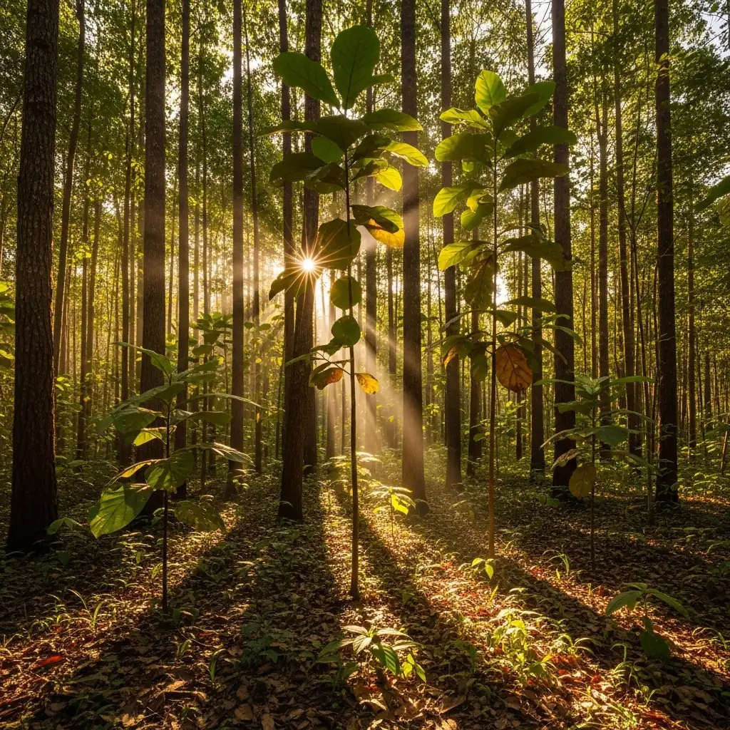 Sonnenstrahlen fallen durch junge Teakbäume in einem nachhaltigen Waldgebiet