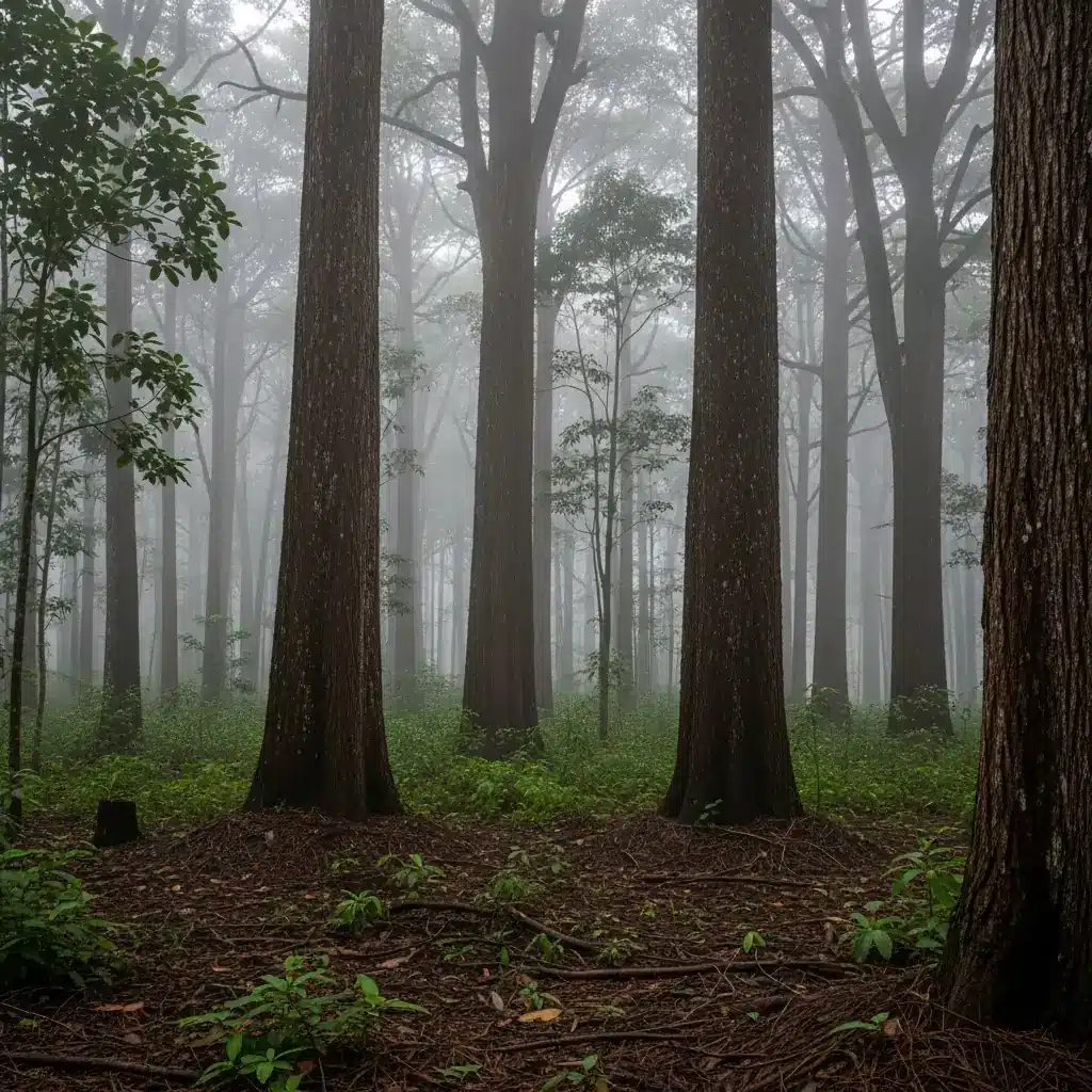 Teakwald im Nebel als Ursprung für nachhaltiges Massivholzparkett